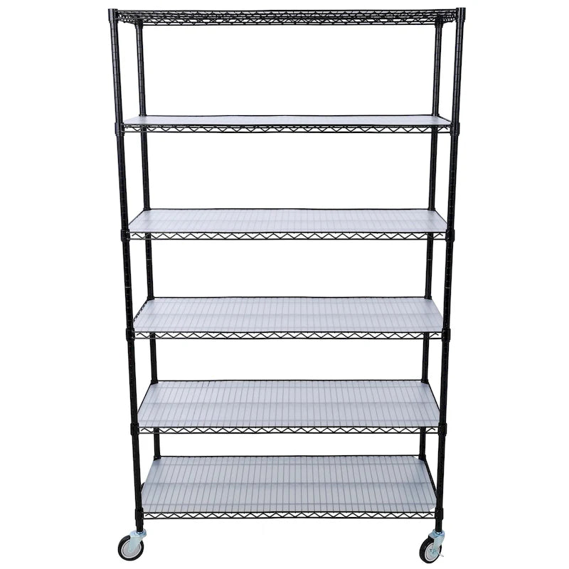 Scaffale a 6 ripiani in filo metallico nero/bianco/cromato con ruote, montaggio a 1 persona