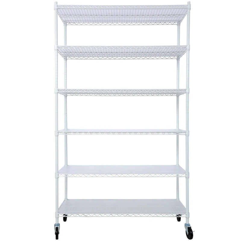 Scaffale a 6 ripiani in filo metallico nero/bianco/cromato con ruote, montaggio a 1 persona