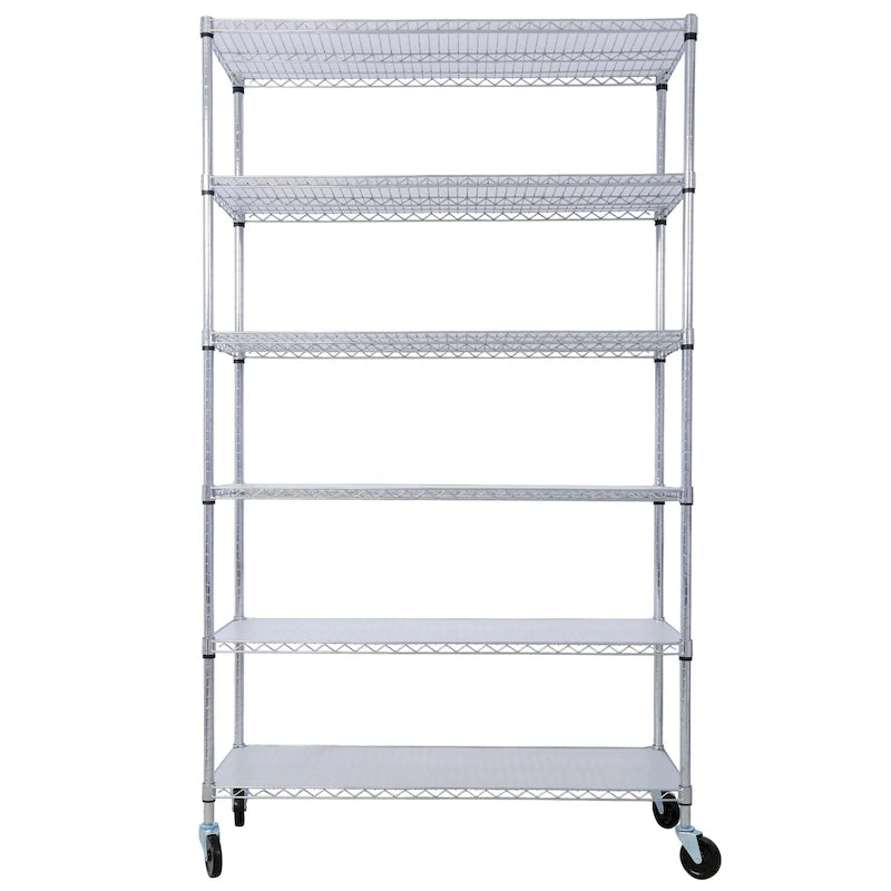 Scaffale a 6 ripiani in filo metallico nero/bianco/cromato con ruote, montaggio a 1 persona
