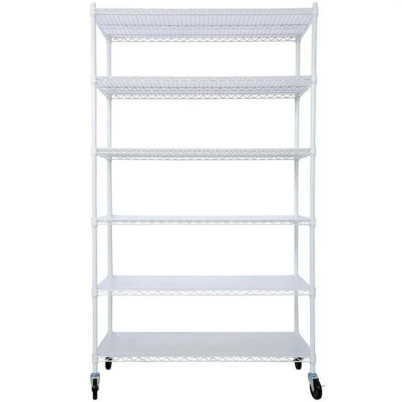 Scaffale a 6 ripiani in filo metallico nero/bianco/cromato con ruote, montaggio a 1 persona