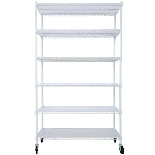 Scaffale a 6 ripiani in filo metallico nero/bianco/cromato con ruote, montaggio a 1 persona