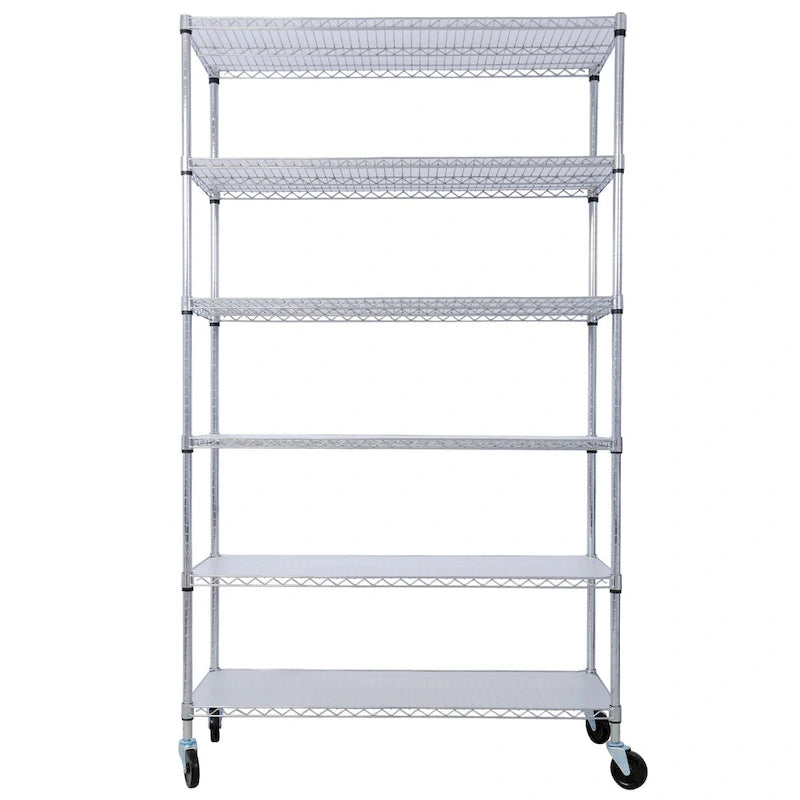 Scaffale a 6 ripiani in filo metallico nero/bianco/cromato con ruote, montaggio a 1 persona