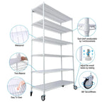 Scaffale a 6 ripiani in filo metallico nero/bianco/cromato con ruote, montaggio a 1 persona