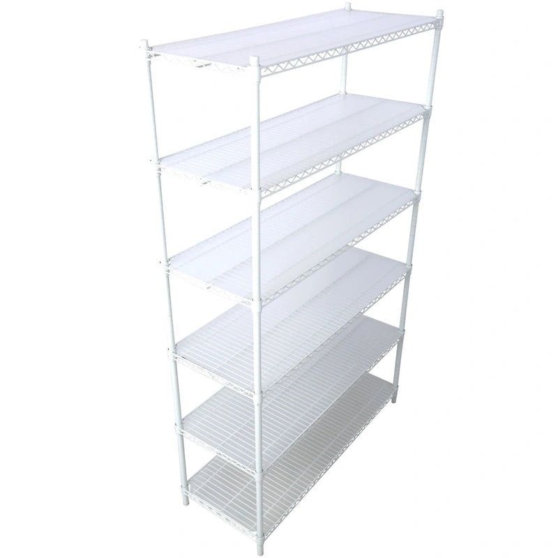 Scaffale a 6 ripiani in filo metallico nero/bianco/cromato con ruote, montaggio a 1 persona