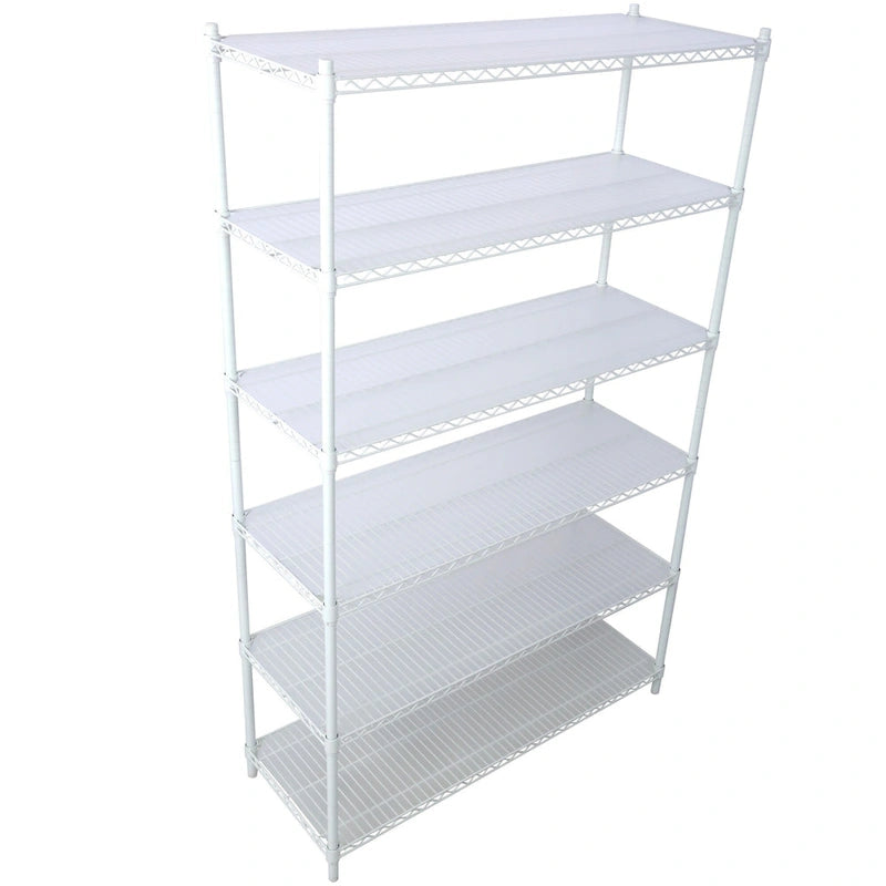 Scaffale a 6 ripiani in filo metallico nero/bianco/cromato con ruote, montaggio a 1 persona