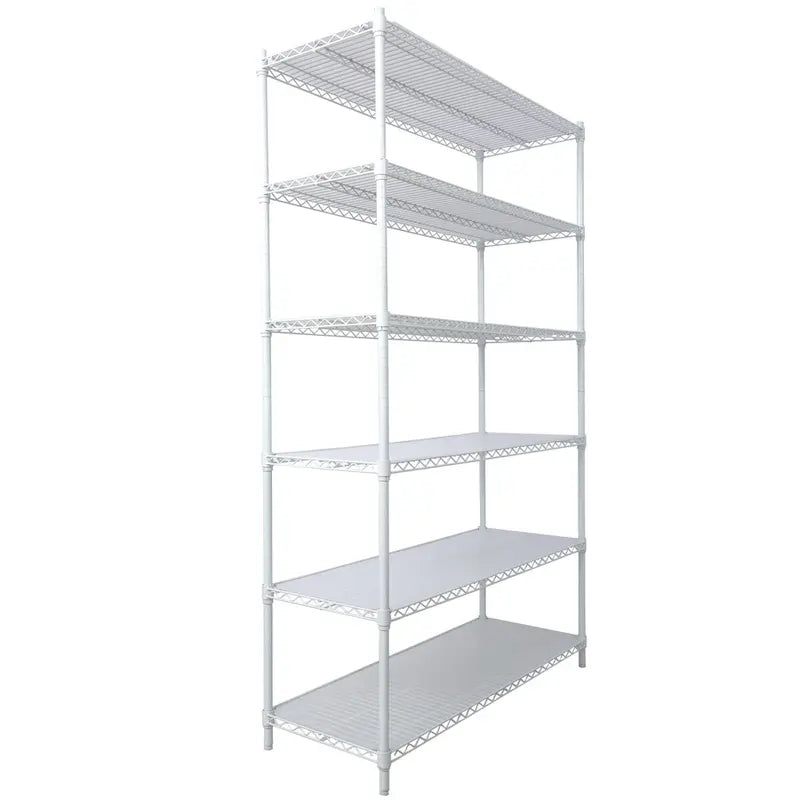 Scaffale a 6 ripiani in filo metallico nero/bianco/cromato con ruote, montaggio a 1 persona
