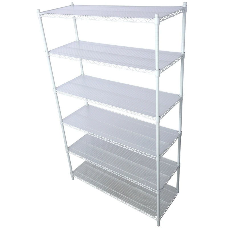 Scaffale a 6 ripiani in filo metallico nero/bianco/cromato con ruote, montaggio a 1 persona