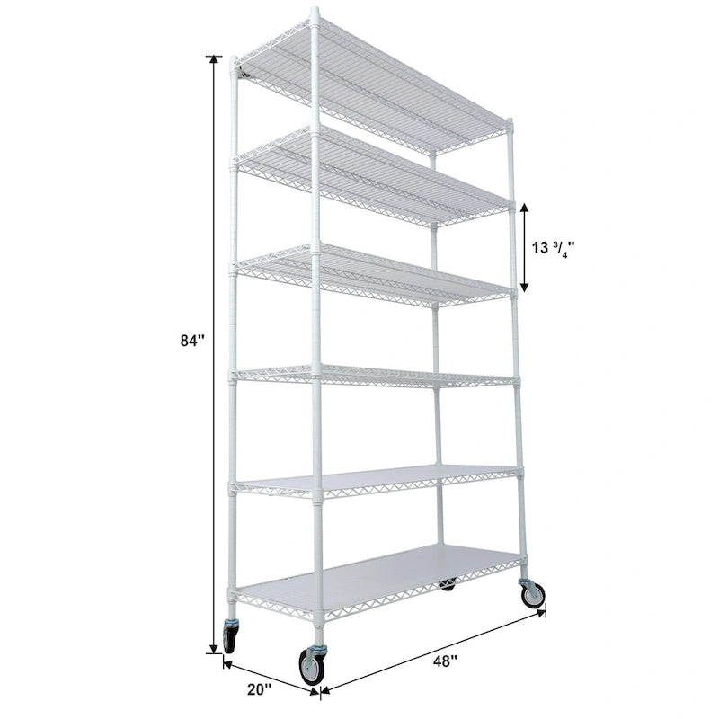 Scaffale a 6 ripiani in filo metallico nero/bianco/cromato con ruote, montaggio a 1 persona