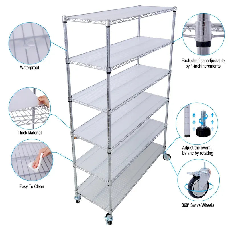 Scaffale a 6 ripiani in filo metallico nero/bianco/cromato con ruote, montaggio a 1 persona