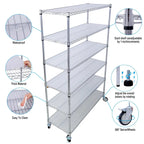 Scaffale a 6 ripiani in filo metallico nero/bianco/cromato con ruote, montaggio a 1 persona