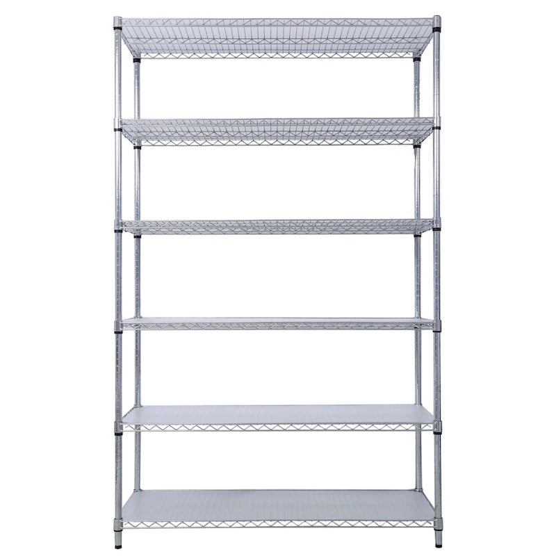 Scaffale a 6 ripiani in filo metallico nero/bianco/cromato con ruote, montaggio a 1 persona