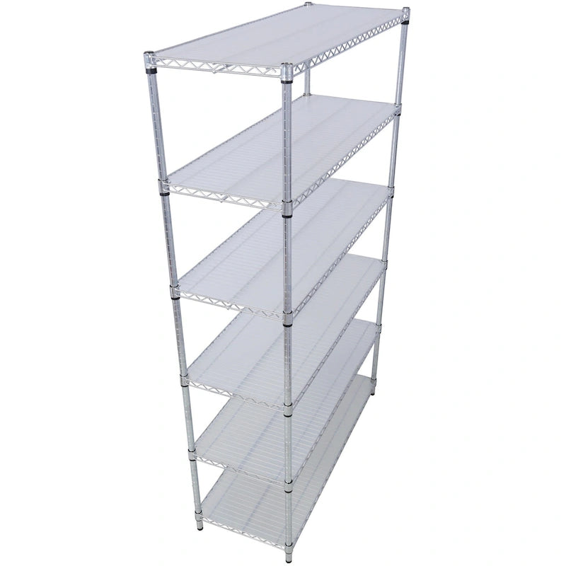 Scaffale a 6 ripiani in filo metallico nero/bianco/cromato con ruote, montaggio a 1 persona