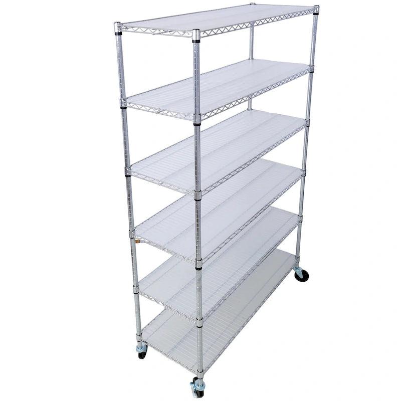 Scaffale a 6 ripiani in filo metallico nero/bianco/cromato con ruote, montaggio a 1 persona