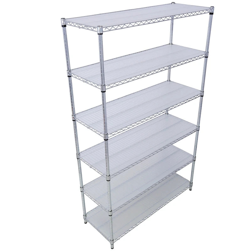 Scaffale a 6 ripiani in filo metallico nero/bianco/cromato con ruote, montaggio a 1 persona