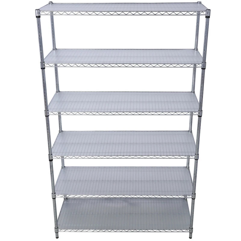 Scaffale a 6 ripiani in filo metallico nero/bianco/cromato con ruote, montaggio a 1 persona