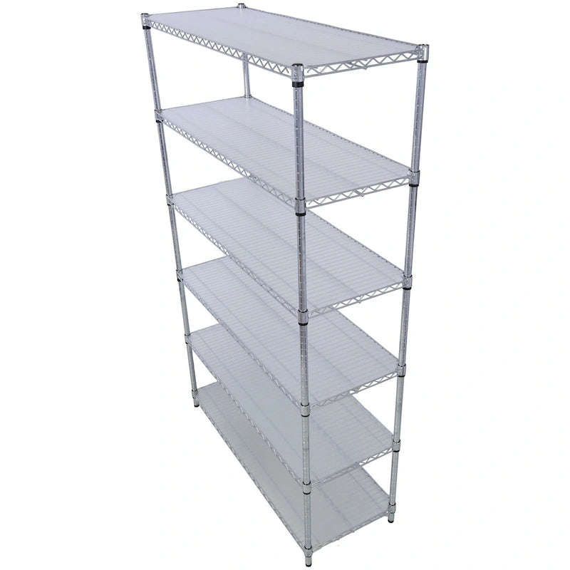 Scaffale a 6 ripiani in filo metallico nero/bianco/cromato con ruote, montaggio a 1 persona