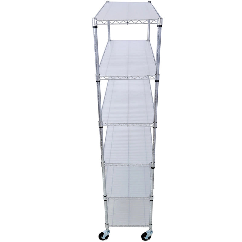 Scaffale a 6 ripiani in filo metallico nero/bianco/cromato con ruote, montaggio a 1 persona