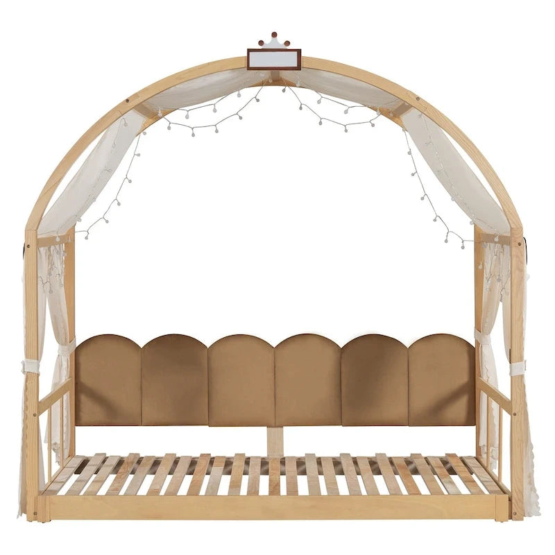 Letto a piattaforma in legno massiccio a forma di casetta, letto Montessori a terra con tetto ad arco e letto estraibile per bambine e bambini