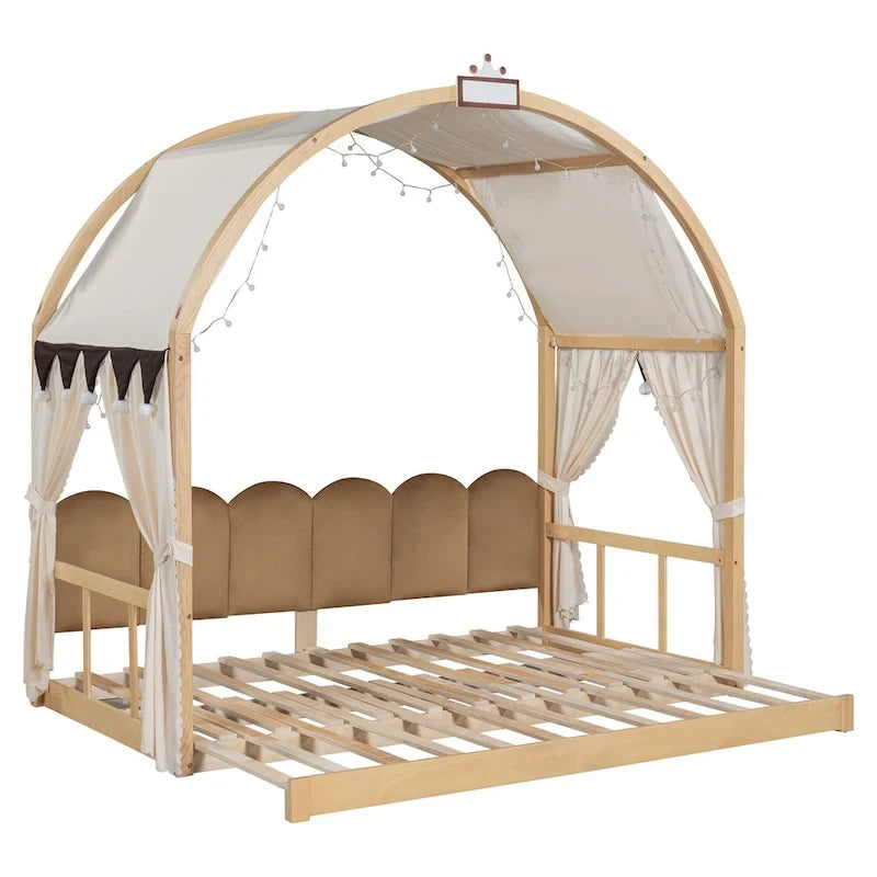 Letto a piattaforma in legno massiccio a forma di casetta, letto Montessori a terra con tetto ad arco e letto estraibile per bambine e bambini