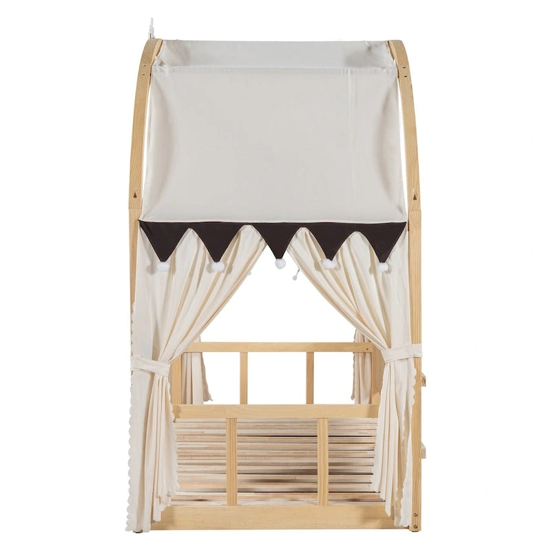 Letto a piattaforma in legno massiccio a forma di casetta, letto Montessori a terra con tetto ad arco e letto estraibile per bambine e bambini