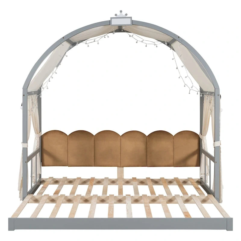 Letto a piattaforma in legno massiccio a forma di casetta, letto Montessori a terra con tetto ad arco e letto estraibile per bambine e bambini
