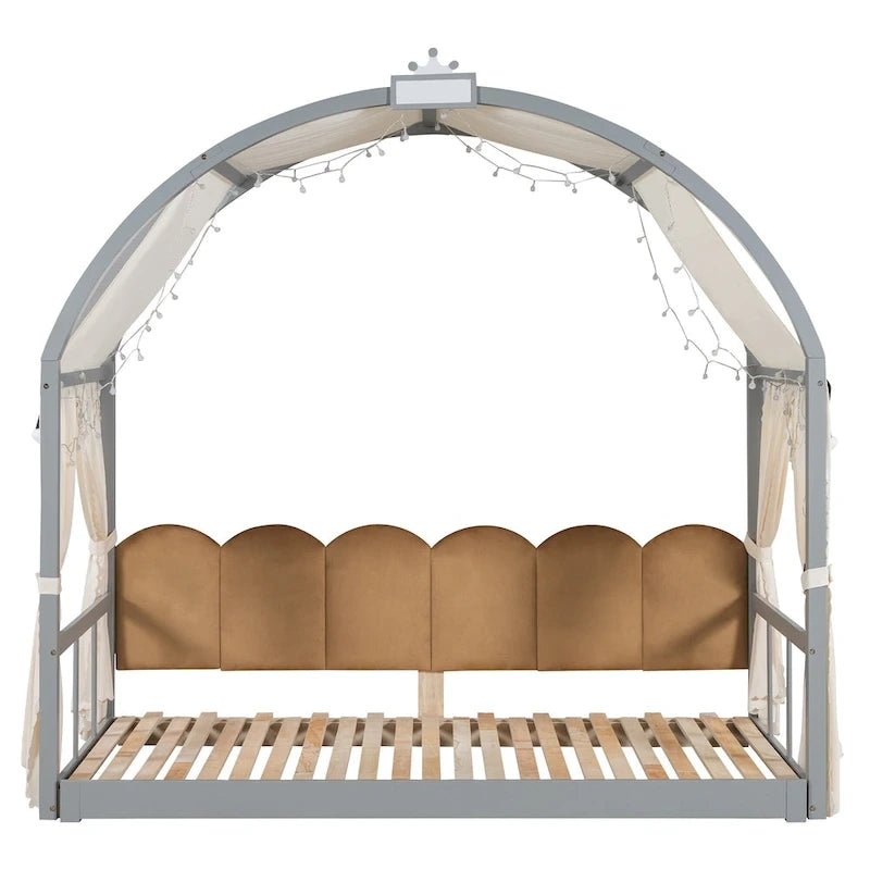 Letto a piattaforma in legno massiccio a forma di casetta, letto Montessori a terra con tetto ad arco e letto estraibile per bambine e bambini