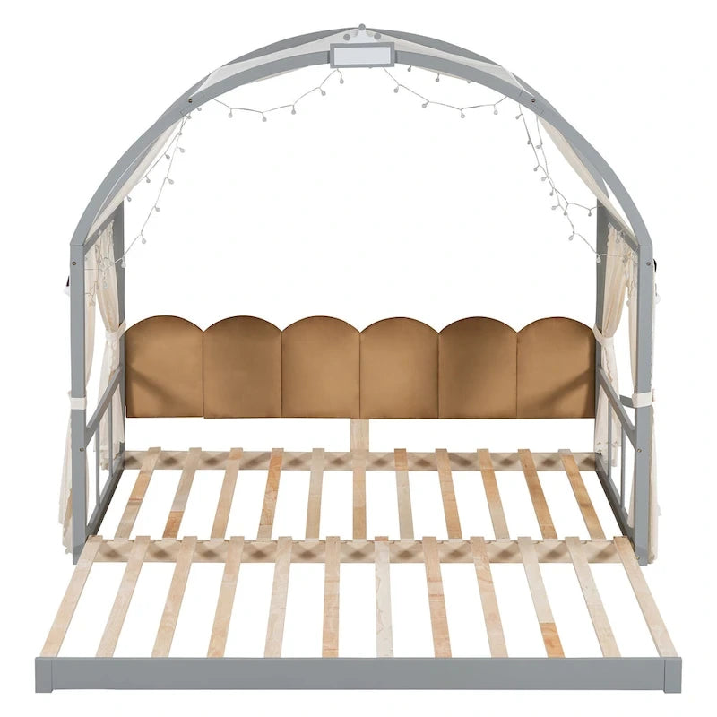 Letto a piattaforma in legno massiccio a forma di casetta, letto Montessori a terra con tetto ad arco e letto estraibile per bambine e bambini