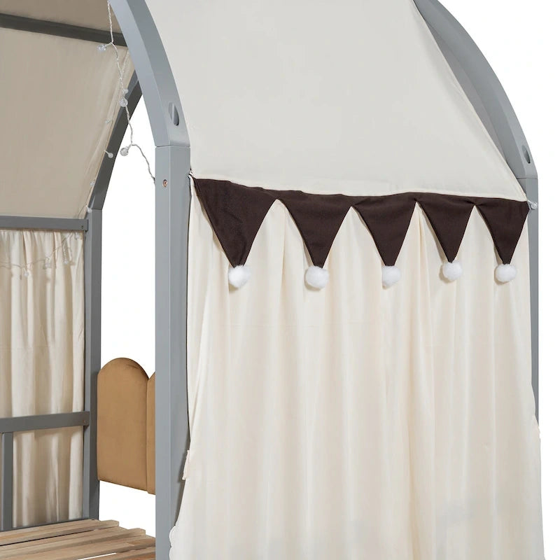 Letto a piattaforma in legno massiccio a forma di casetta, letto Montessori a terra con tetto ad arco e letto estraibile per bambine e bambini