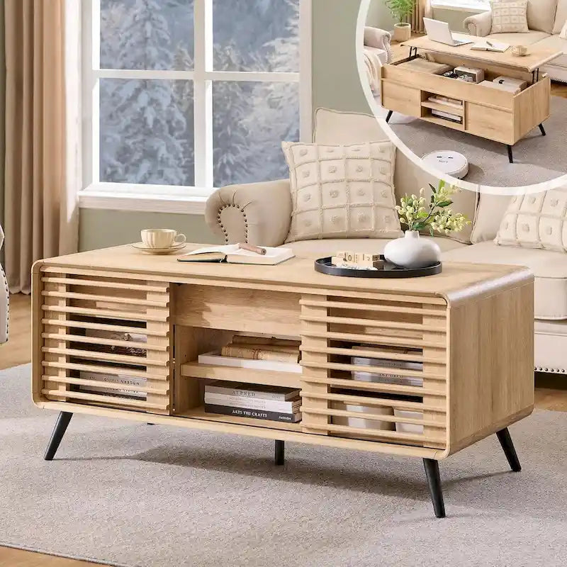 Tavolino da caffè con ripiano sollevabile, bianco antico e rovere naturale, stile metà secolo, 1 persona