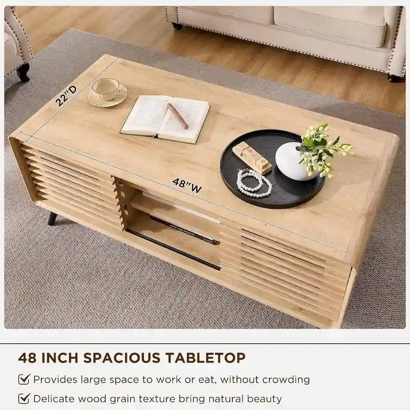 Tavolino da caffè con ripiano sollevabile, bianco antico e rovere naturale, stile metà secolo, 1 persona