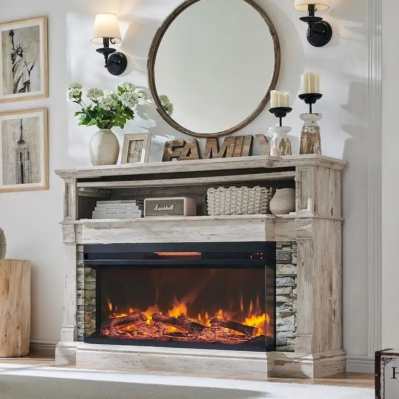 Mobile porta TV rustico in rovere naturale/bianco/rovere scuro con caminetto in vetro su 3 lati, adatto per TV fino a 65"
