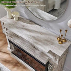Mobile porta TV rustico in rovere naturale/bianco/rovere scuro con caminetto in vetro su 3 lati, adatto per TV fino a 65"