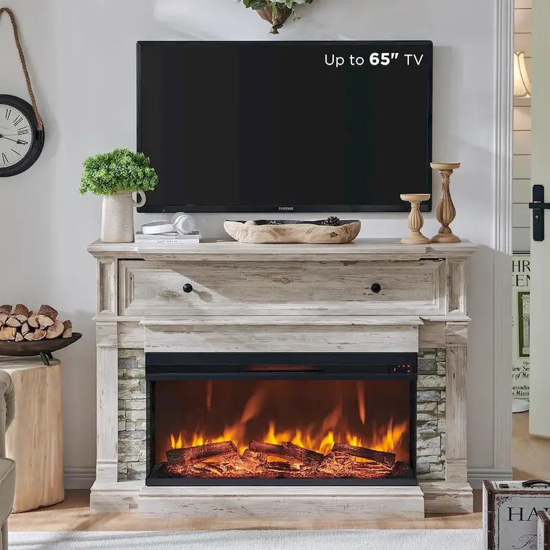 Mobile porta TV rustico in rovere naturale/bianco/rovere scuro con caminetto in vetro su 3 lati, adatto per TV fino a 65"