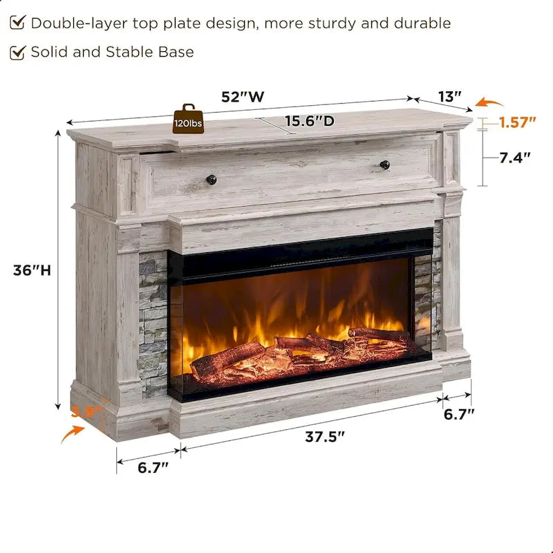 Mobile porta TV rustico in rovere naturale/bianco/rovere scuro con caminetto in vetro su 3 lati, adatto per TV fino a 65"