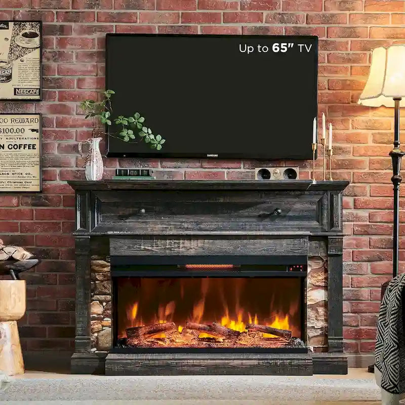 Mobile porta TV rustico in rovere naturale/bianco/rovere scuro con caminetto in vetro su 3 lati, adatto per TV fino a 65"