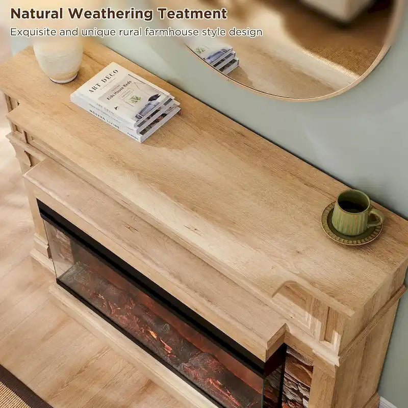 Mobile porta TV rustico in rovere naturale/bianco/rovere scuro con caminetto in vetro su 3 lati, adatto per TV fino a 65"