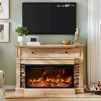 Mobile porta TV rustico in rovere naturale/bianco/rovere scuro con caminetto in vetro su 3 lati, adatto per TV fino a 65"