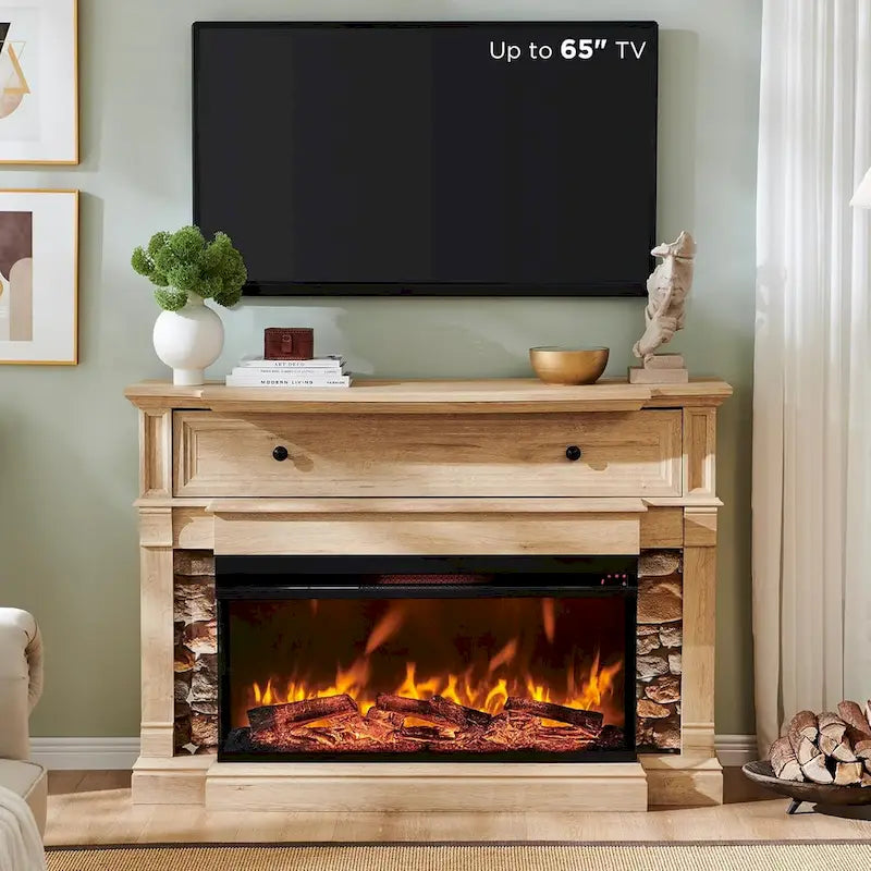 Mobile porta TV rustico in rovere naturale/bianco/rovere scuro con caminetto in vetro su 3 lati, adatto per TV fino a 65"