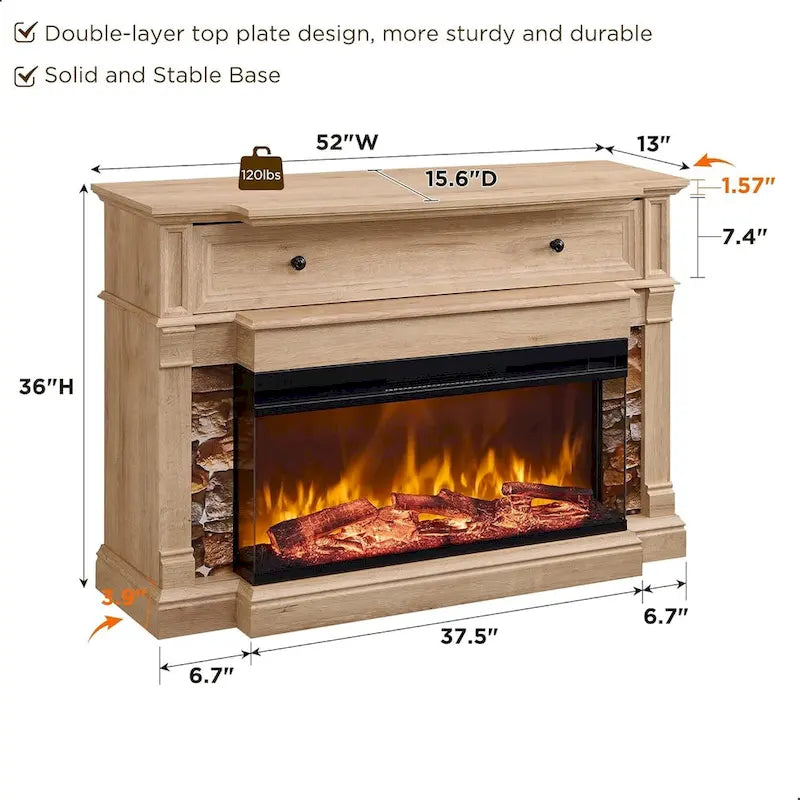 Mobile porta TV rustico in rovere naturale/bianco/rovere scuro con caminetto in vetro su 3 lati, adatto per TV fino a 65"