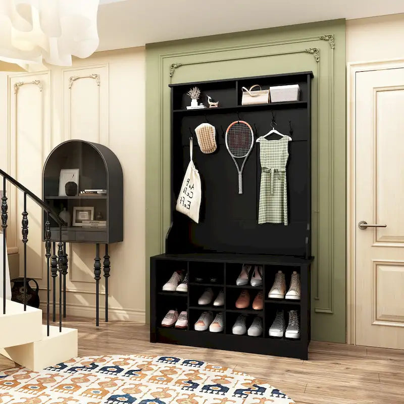 Albero da ingresso 4-in-1 bianco / marrone / grigio / nero con panca portascarpe, singolo