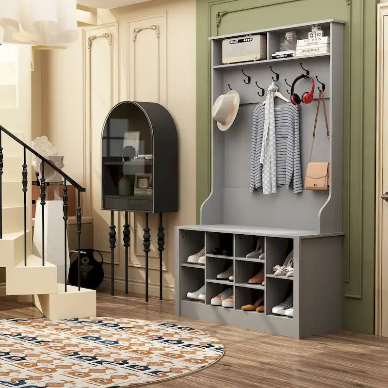 Albero da ingresso 4-in-1 bianco / marrone / grigio / nero con panca portascarpe, singolo