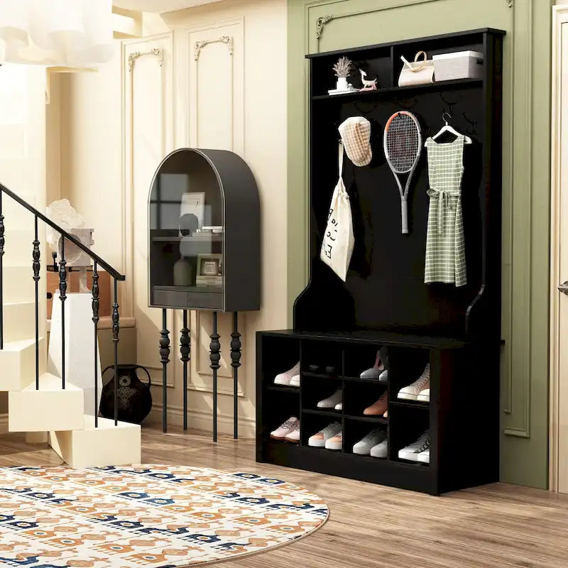 Albero da ingresso 4-in-1 bianco / marrone / grigio / nero con panca portascarpe, singolo