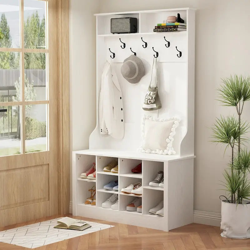 Albero da ingresso 4-in-1 bianco / marrone / grigio / nero con panca portascarpe, singolo