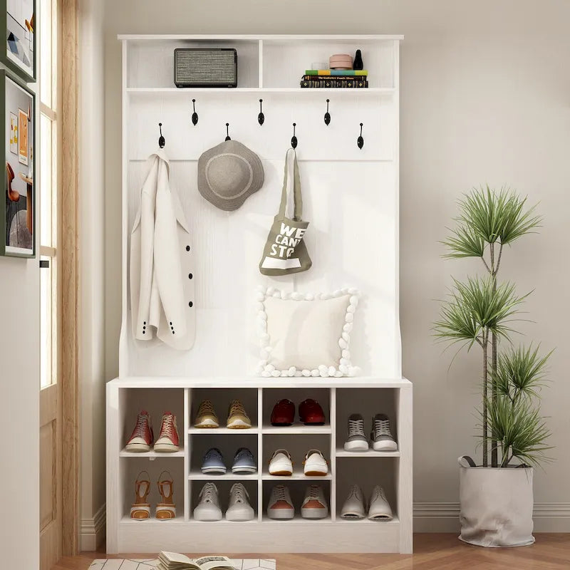 Albero da ingresso 4-in-1 bianco / marrone / grigio / nero con panca portascarpe, singolo