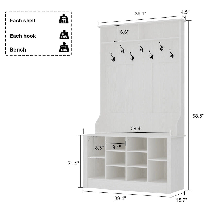 Albero da ingresso 4-in-1 bianco / marrone / grigio / nero con panca portascarpe, singolo