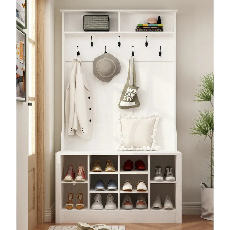 Albero da ingresso 4-in-1 bianco / marrone / grigio / nero con panca portascarpe, singolo