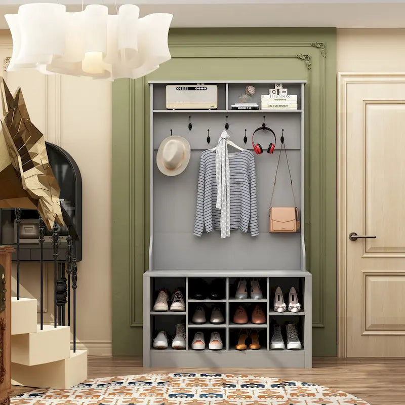 Albero da ingresso 4-in-1 bianco / marrone / grigio / nero con panca portascarpe, singolo