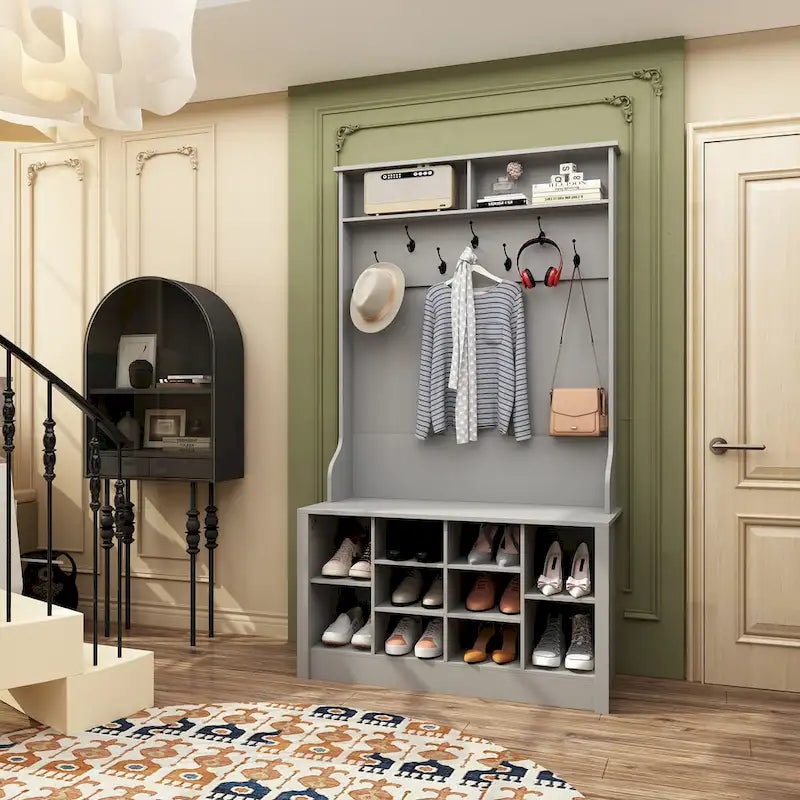 Albero da ingresso 4-in-1 bianco / marrone / grigio / nero con panca portascarpe, singolo