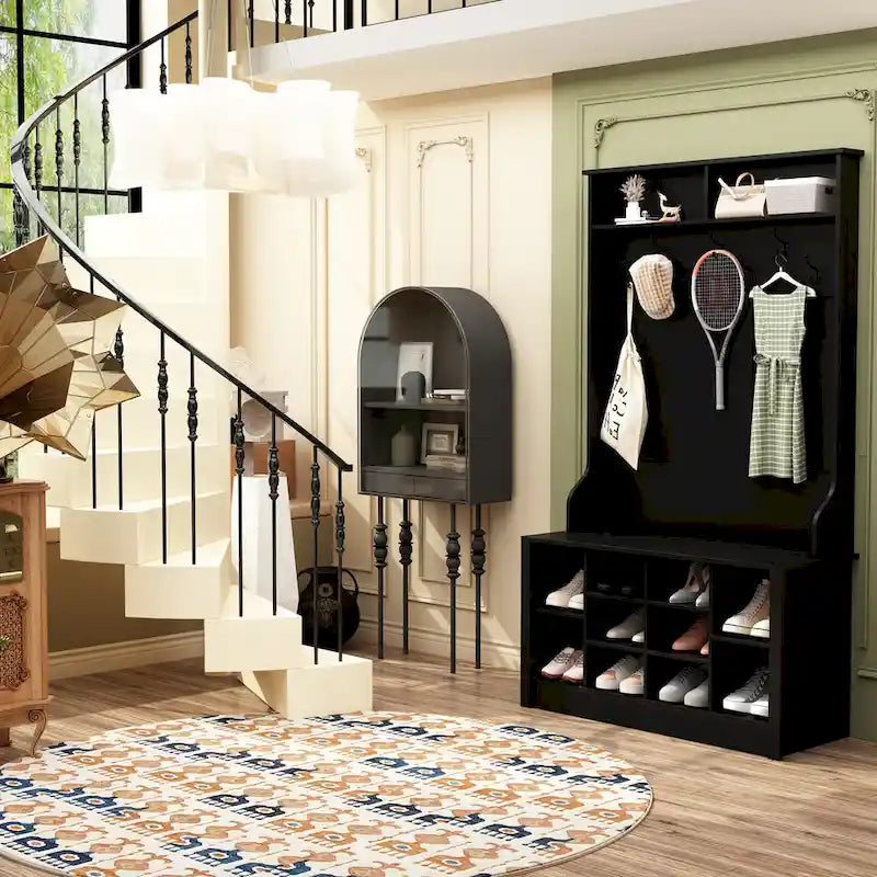 Albero da ingresso 4-in-1 bianco / marrone / grigio / nero con panca portascarpe, singolo