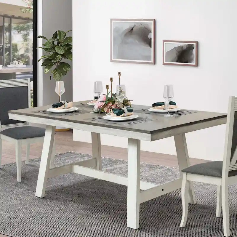 Tavolo da Pranzo Rettangolare, Bianco Sporco Effetto Invecchiato e Legno Naturale, 6 Posti